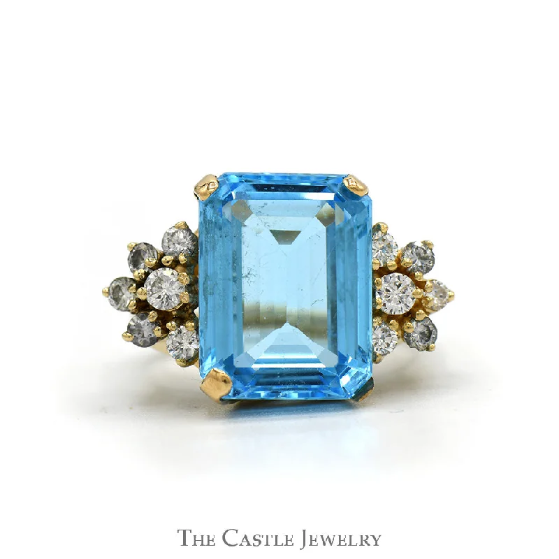 ladies rings with moonstone -Emerald Cut Blue Topaz Ring with 1/2cttw Diamond Cluster Sides in 14k Yellow Gold