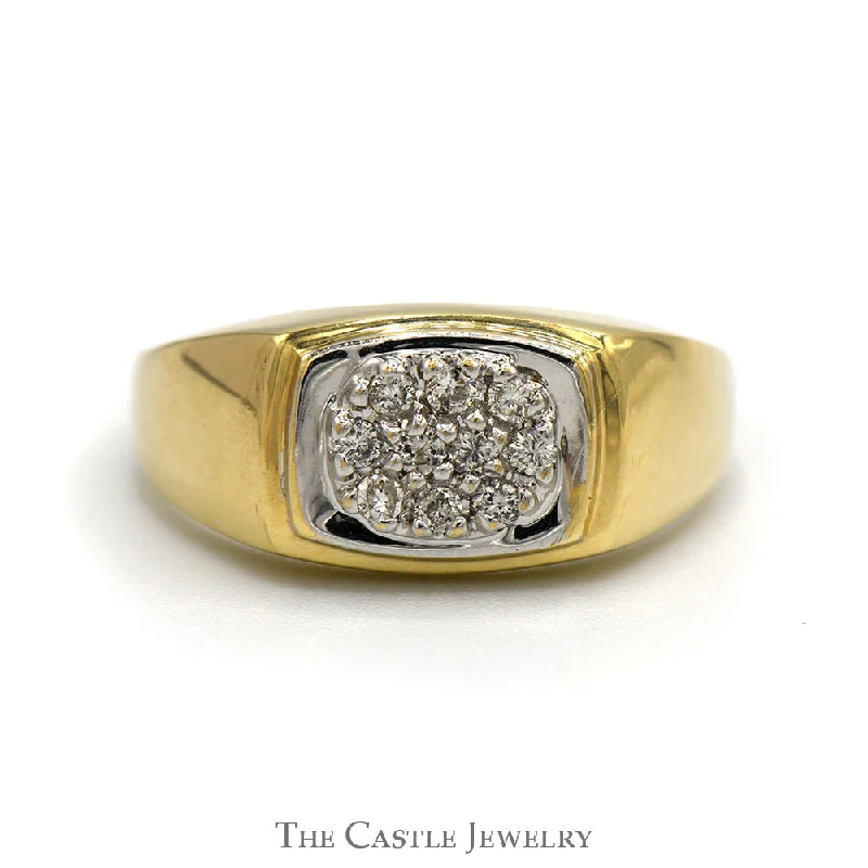 ladies rings classic style -Oval Shaped Diamond Cluster Men's Ring with Polished Sides in 10k Yellow Gold