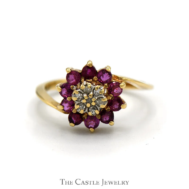 ladies rings for party -Ruby & Diamond Flower Cluster Ring in 10k Yellow Gold Bypass Setting