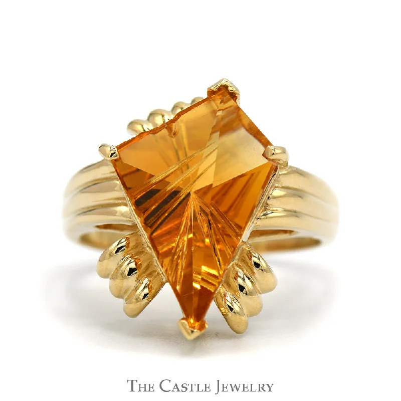 ladies rings for engagement -Unique Kite Cut Citrine Ring in 10k Yellow Gold Ridged Mounting