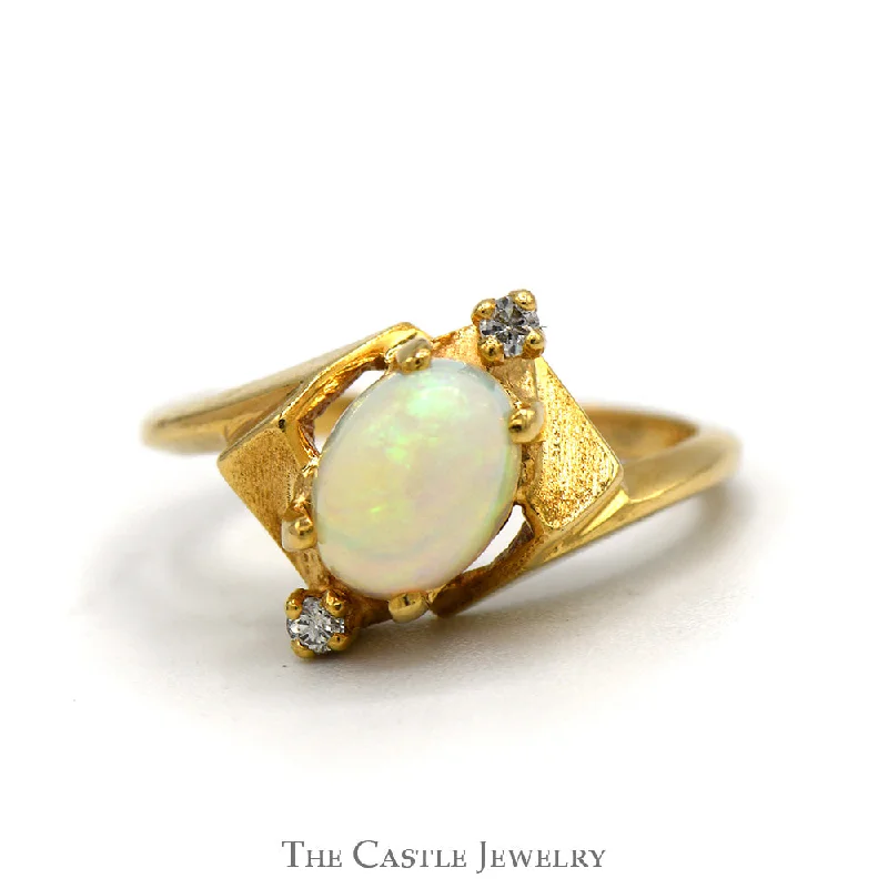 ladies rings with citrine -Oval Opal Ring with Double Diamond Accents in 14k Yellow Gold