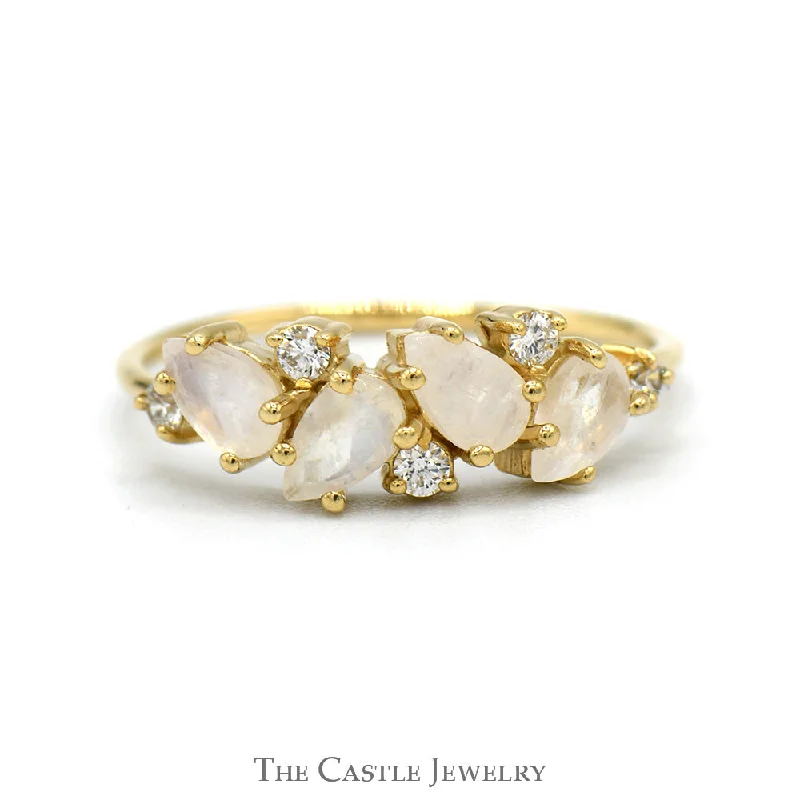 ladies rings with birthstone -Four Pear Cut Moonstone Ring with Diamond Accents in 10k Yellow Gold