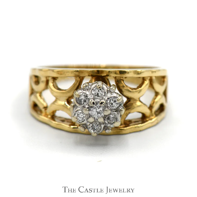 ladies rings with topaz -7 Diamond Flower Cluster Ring with Open Lattice Sides in 10k Yellow Gold