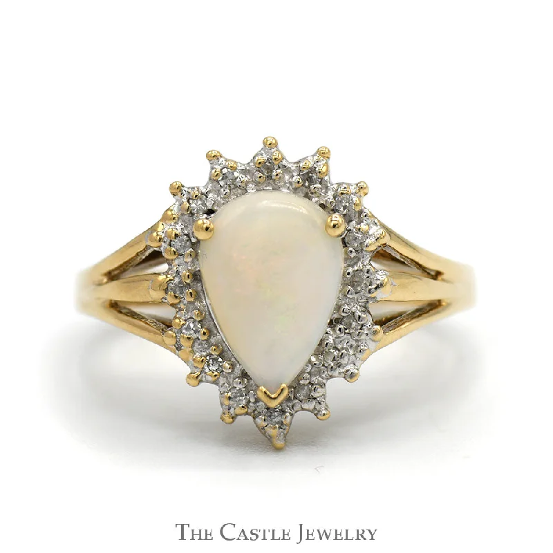 ladies rings for young women -Pear Cut Opal Ring with Diamond Halo and Split Shank Sides in 10k Yellow Gold