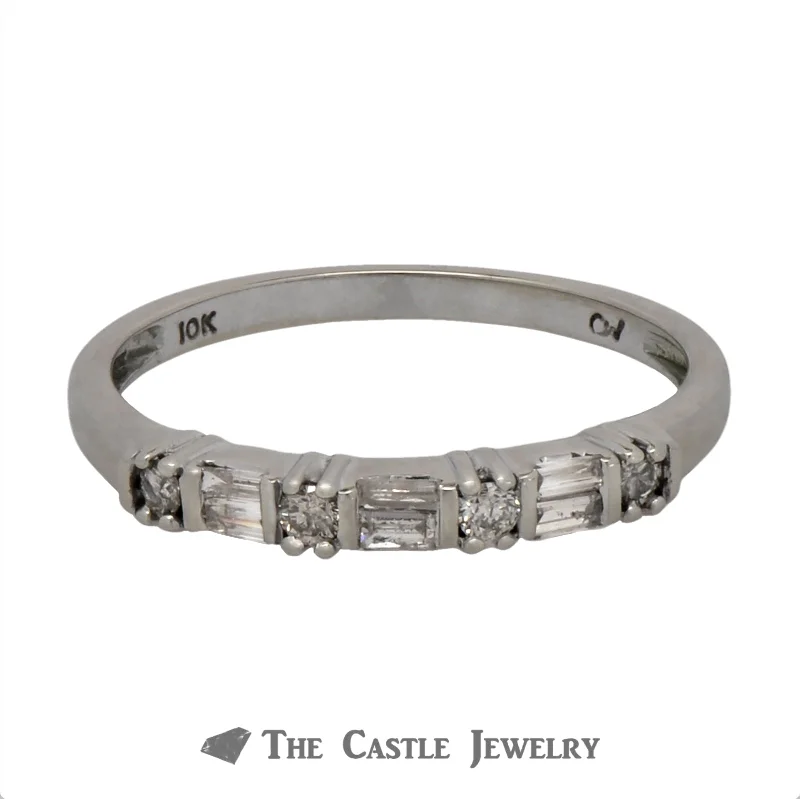 ladies rings with diamond accent -Baguette & Round Diamond Wedding Band in 10k White Gold