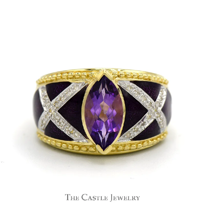 ladies rings gold band -Marquise Shaped Amethyst Ring with Diamond Accented Purple Enamel Sides in 14k Yellow Gold