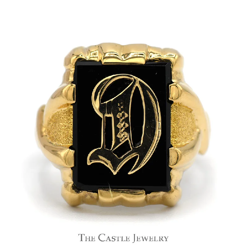 ladies rings with opal -Men's Black Onyx Ring with Ornate "D" Overlay in 10k Yellow Gold