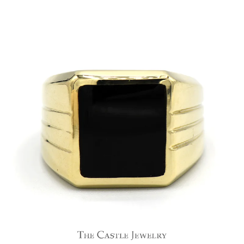 ladies rings for mother -Square Black Onyx Men's Ring with Grooved Sides in 10k Yellow Gold