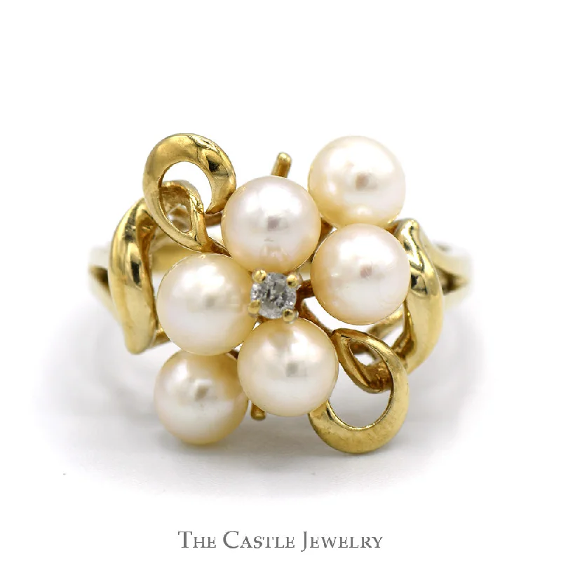 ladies rings geometric shape -Pearl Cluster Ring with Diamond Accent in 10k Yellow Gold Swirled Freeform Setting