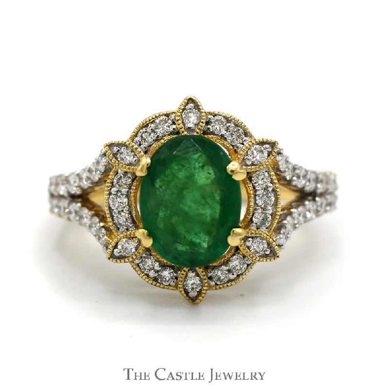 ladies rings stylish cheap -2.25ct Oval Emerald Vintage Ring with Diamond Halo and Accented Split Shank Sides in 14k Yellow Gold