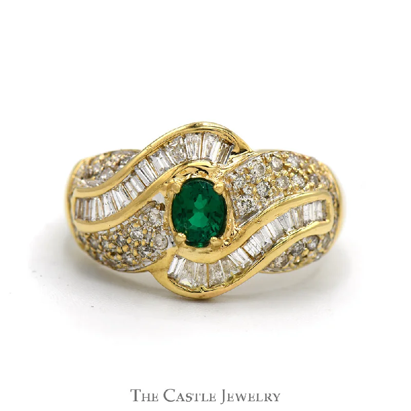 ladies rings simple elegance -Oval Emerald Ring with Baguette and Round Diamond Accents in 14k Yellow Gold