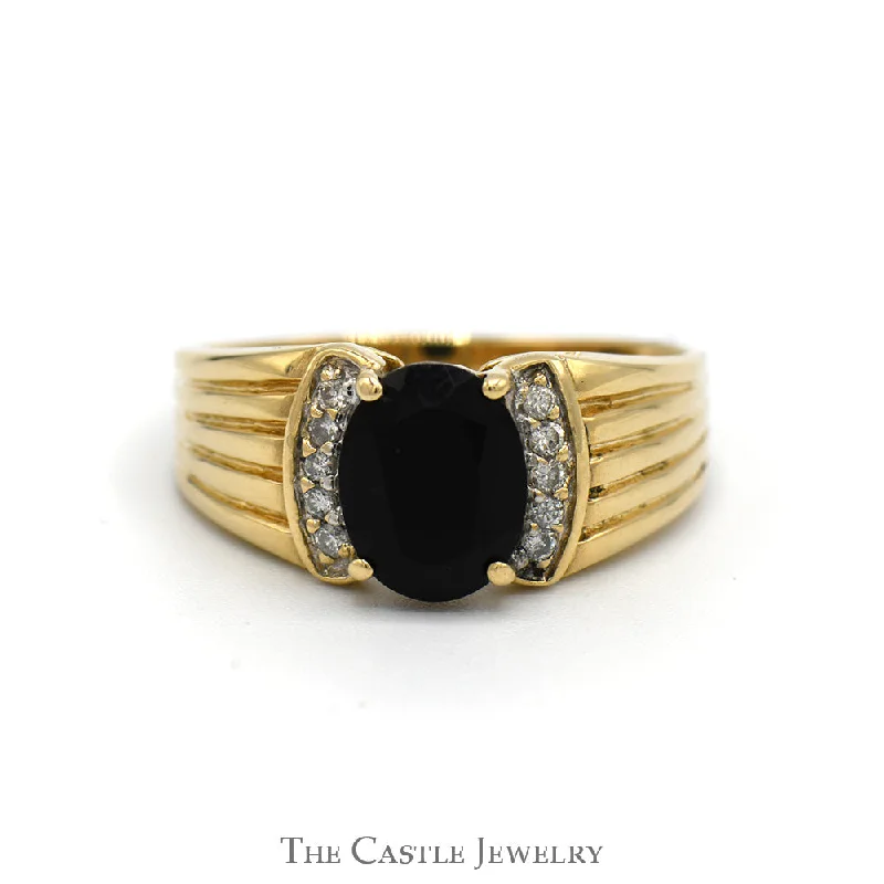 ladies rings with sapphire -Oval Black Onyx Ring with Diamond Accented Sides in 10k Yellow Gold Ridged Mounting