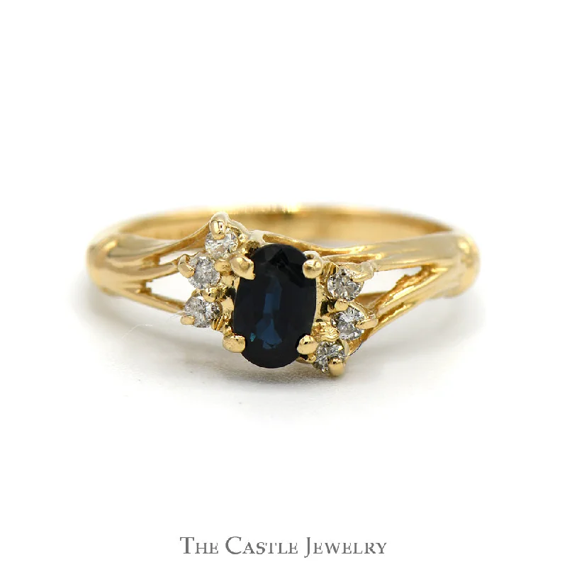 ladies rings simple elegance -Oval Sapphire Ring with Diamond Accents in 14k Yellow Gold Open Split Shank Setting