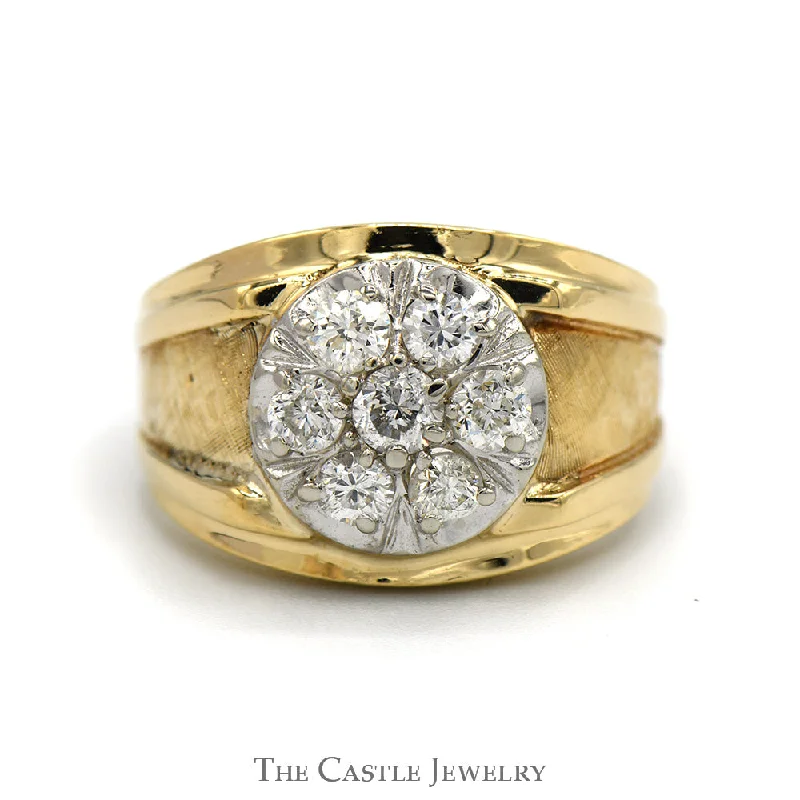 ladies rings bold design -1cttw Round Diamond Cluster Men's Ring with Brushed Textured Sides in 14k Yellow Gold