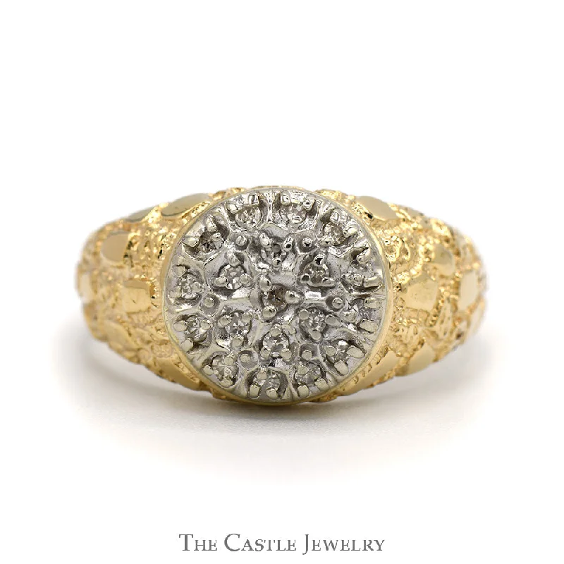 ladies rings for daily wear -1/4cttw Round Diamond Cluster Ring with Nugget Designed Sides in 10k Yellow Gold