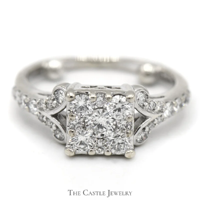 ladies rings for proposal -3/4cttw Square Shaped Diamond Cluster Ring with Accented Scroll Design in 14k White Gold