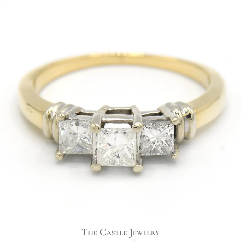 ladies rings with white sapphire -3/4cttw Princess Cut 3 Stone Diamond Engagement Ring in 14k Yellow Gold