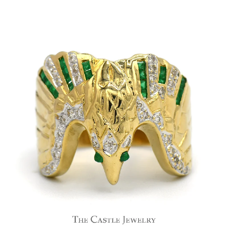 ladies rings for anniversary -Diamond & Emerald Eagle Ring in 18k Yellow Gold