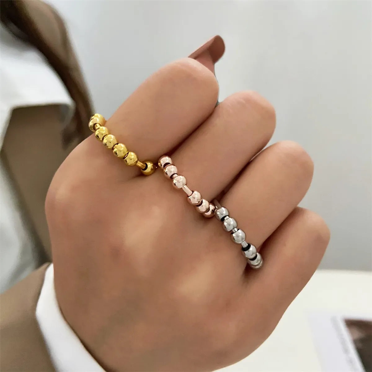 ladies rings with white sapphire -Simple Style Solid Color Stainless Steel Beaded Open Ring 1 Piece