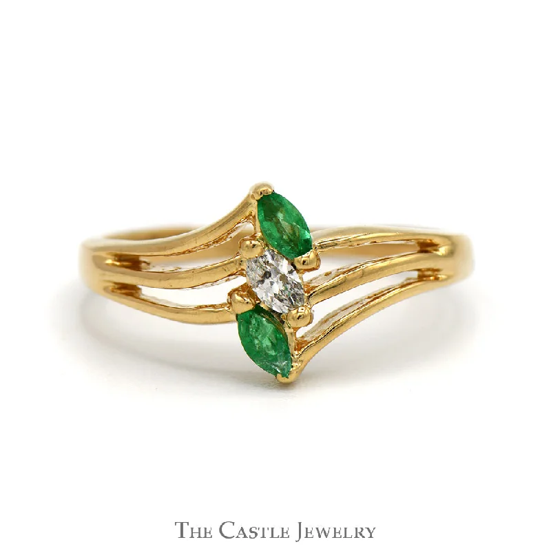 ladies rings luxury brand -Marquise Cut Emerald & Diamond Vertical Three Stone Ring in 14k Yellow Gold Triple Split Shank Setting