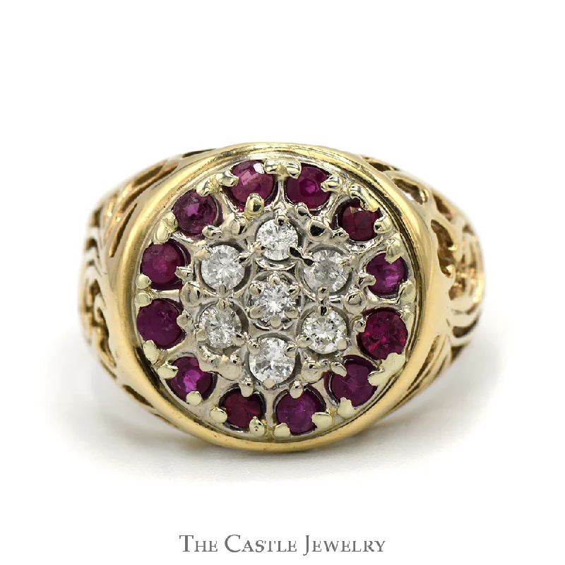 ladies rings with onyx -Ruby & Diamond Kentucky Cluster Ring with Filigree Sides in 10k Yellow Gold