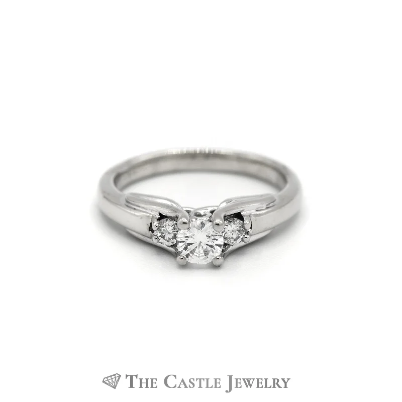 ladies rings minimalist design -3 Stone Round Diamond Engagement Ring Fancy Cathedral Mounting in 14K White Gold