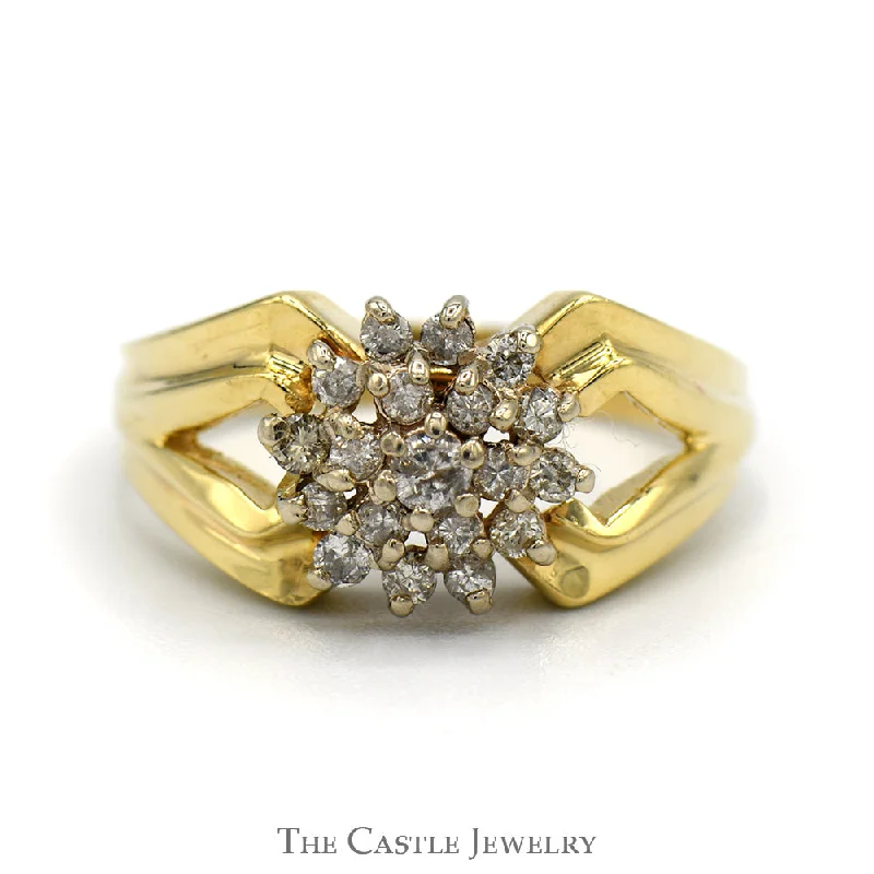 ladies rings for daily use -Snowflake Diamond Cluster Ring with Split Shank Sides in 14k Yellow Gold