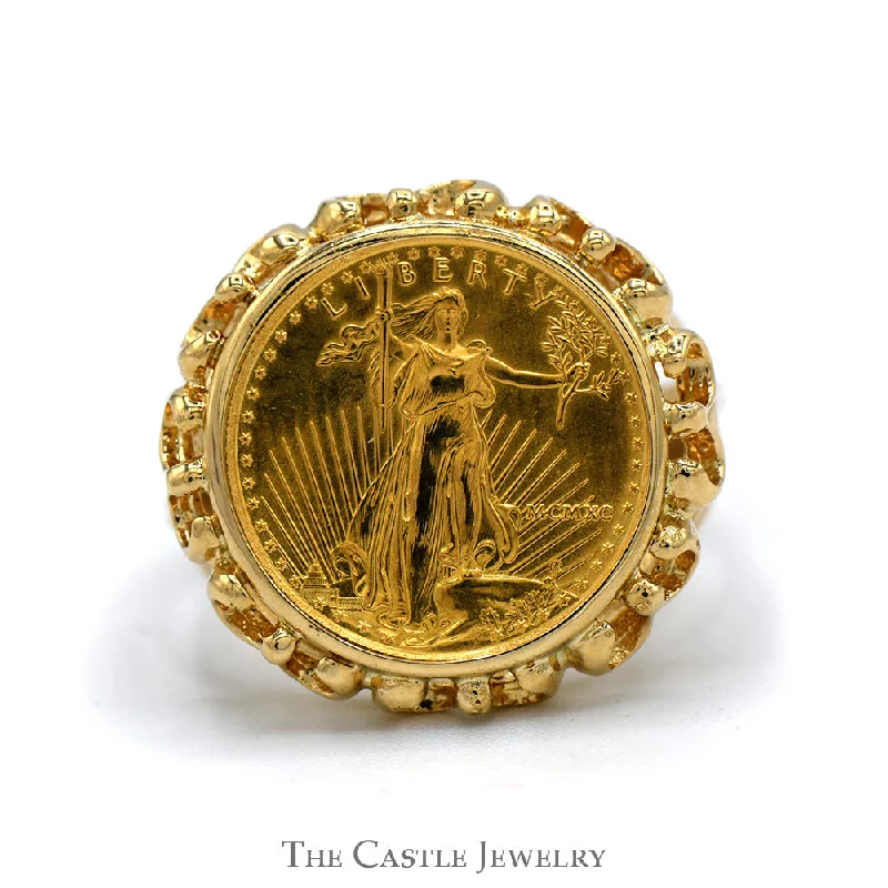 ladies rings with rose quartz -22k 1/10oz 1990 MCMXC Liberty Coin Ring with Open Scalloped Bezel in 14k Yellow Gold