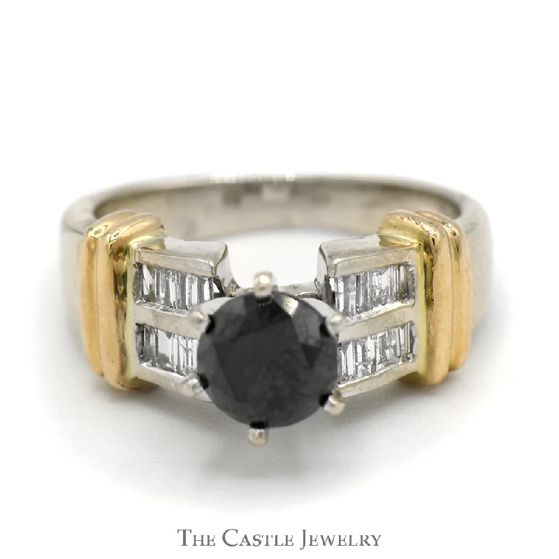 ladies rings with white pearls -Black Diamond Ring with Baguette Diamond Accents in 14k White Gold Setting with Yellow Gold Bar Accents