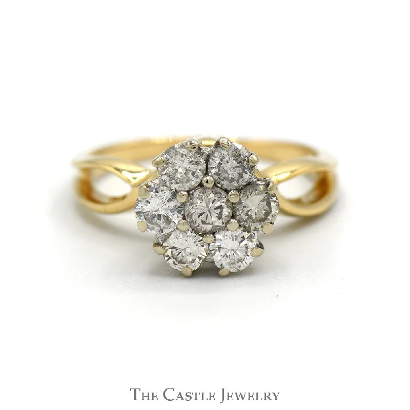 ladies rings modern style -Round 7 Diamond Cluster Ring with Open Sides in 14k Yellow Gold