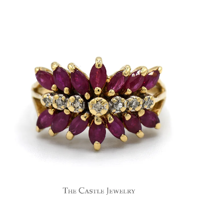 ladies rings heart shaped -Marquise Ruby and Round Diamond Cluster Ring in 14k Yellow Gold