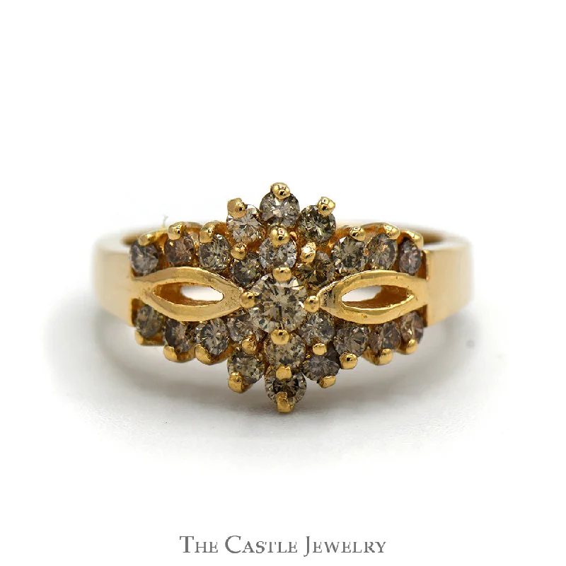 ladies rings for evening wear -3/4cttw Cocoa Diamond Cluster Ring with Open Design in 14k Yellow Gold