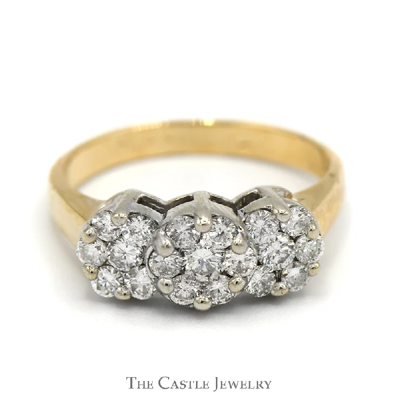 ladies rings for special occasion -1cttw Triple Flower Diamond Cluster Ring in 14k Yellow Gold