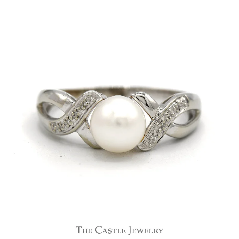 ladies rings for engagement -Round White Pearl Ring with Diamond Accented Twisted Sides in 10k White Gold