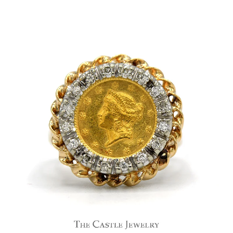 ladies rings for birthday -1851 Liberty Coin Ring with Diamond Rope Designed Bezel in 14k Yellow Gold Mounting