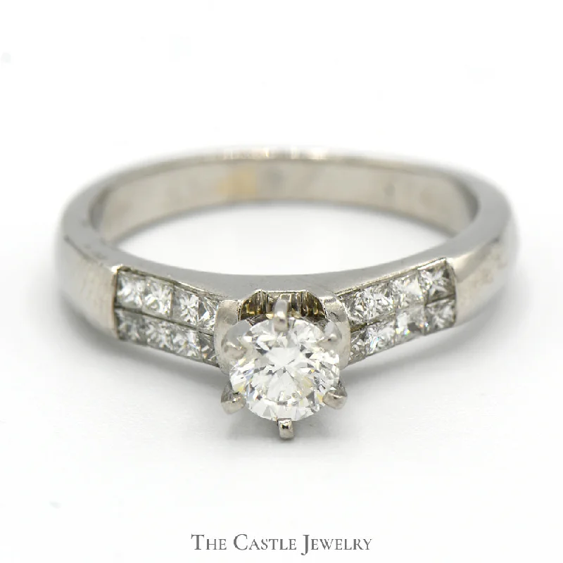 ladies rings with yellow citrine -Round Diamond Solitaire Engagement Ring with Princess Cut Accents in Platinum