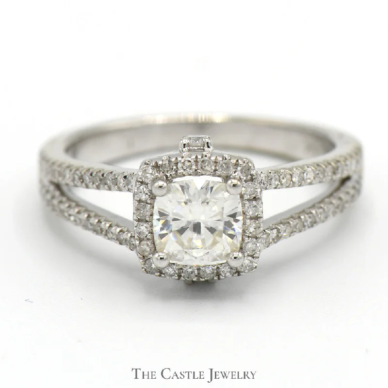 ladies rings small size -Moissanite Solitaire Engagement Ring with Diamond Accented Split Shank Sides in 14k White Gold