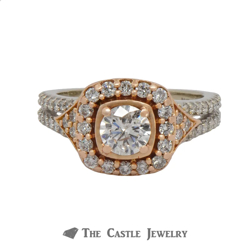 ladies rings modern style -1.25cttw Diamond Engagement Ring with Halo & Accents In 14K Rose And White Gold