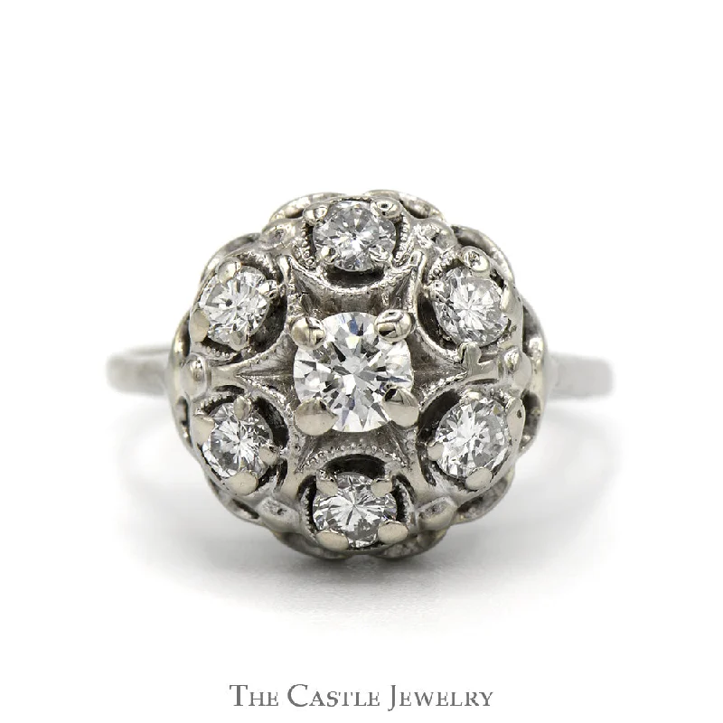 ladies rings with black diamond -Round 1cttw 7 Diamond Cluster Ring in 14k White Gold Scalloped Mounting