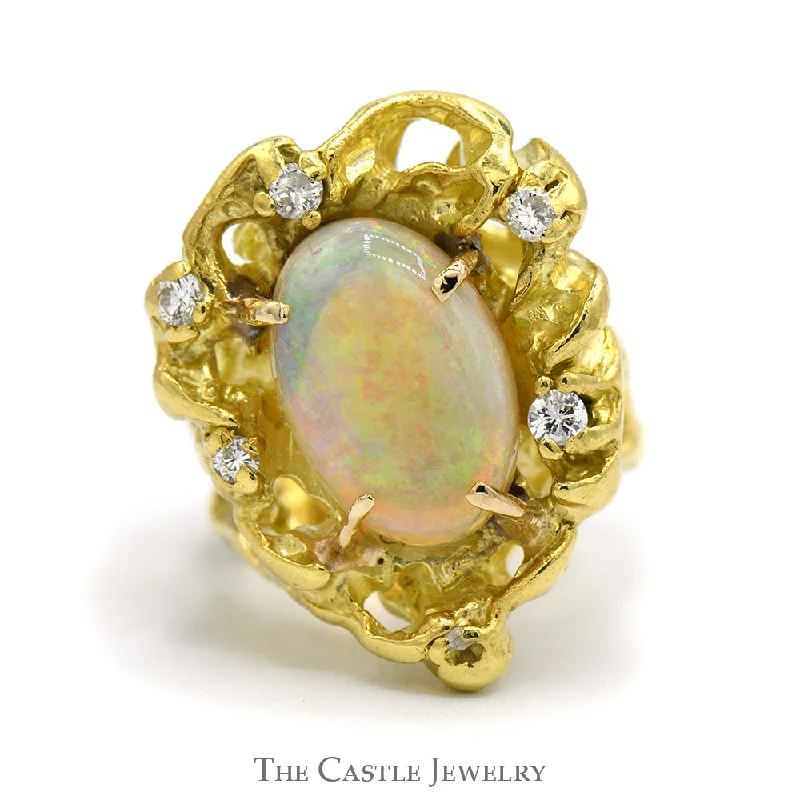 ladies rings modern style -Oval Opal Ring with Diamond Accents in 14k Yellow Gold Open Nugget Style Mounting