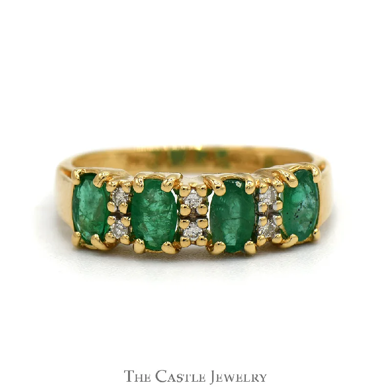 ladies rings anniversary gift -Four Oval Emerald Ring with Diamond Accents in 14k Yellow Gold