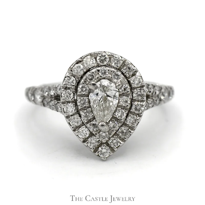 ladies rings with engraving -Pear Cut Diamond Engagement Ring with Double Diamond Halo and Accents in 14k White Gold