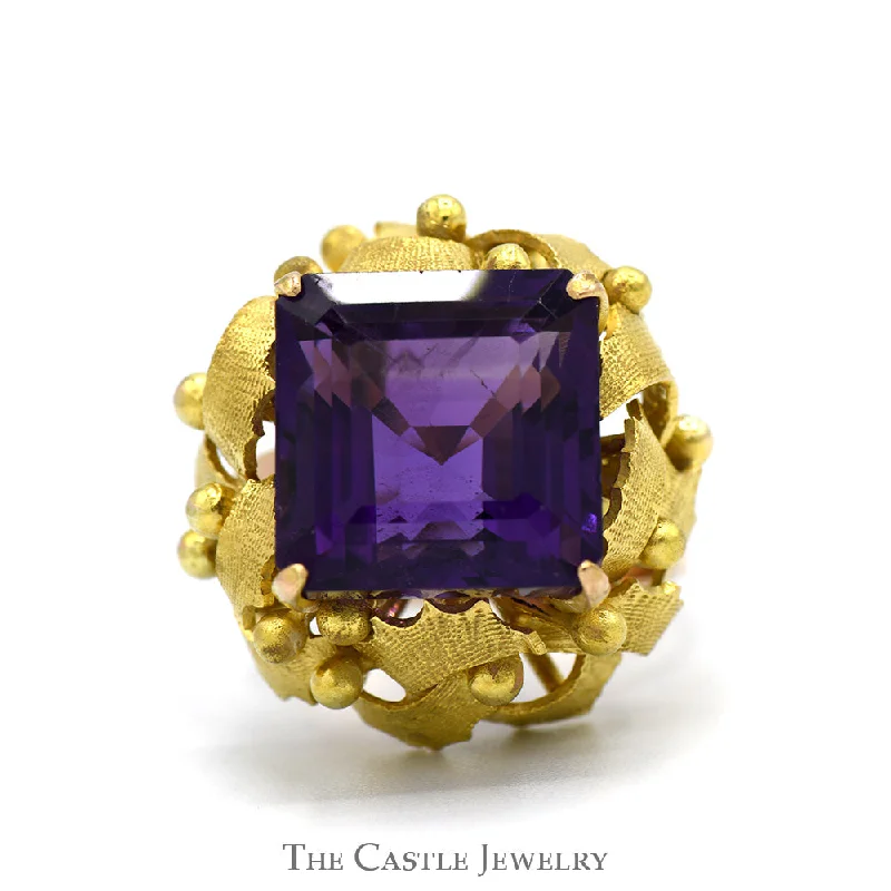 ladies rings with white pearls -Square Cut Amethyst Ring with Brushed Leaf Inspired Bezel in 14k Yellow Gold