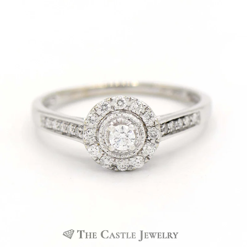 ladies rings with star design -1/3cttw Round Diamond Engagement Ring with Double Halo in 14k White Gold