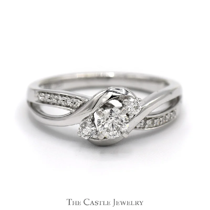 ladies rings geometric shape -Three Stone Diamond Ring with Diamond Accented Open Bypass Sides in 14k White Gold