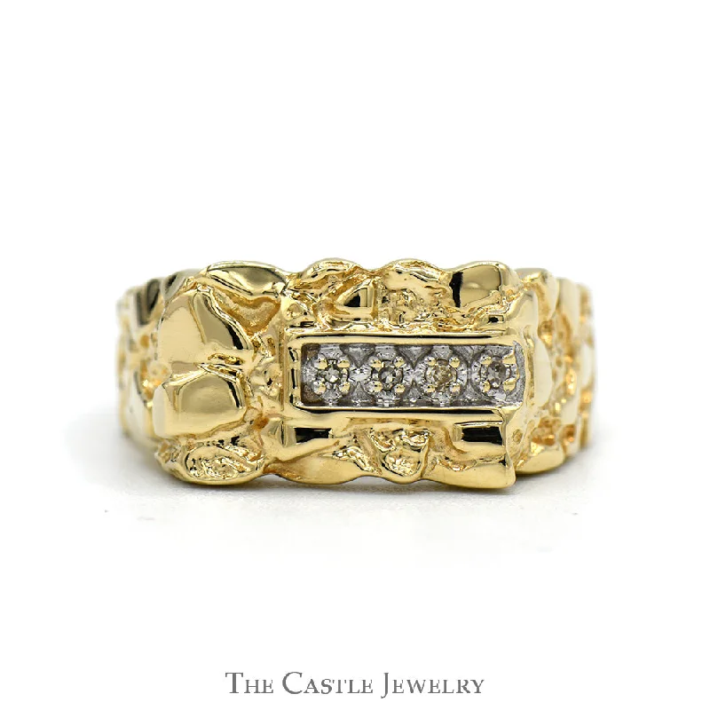 ladies rings art deco -Nugget Style Men's Ring with Illusion Set Diamond Accents in 10k Yellow Gold