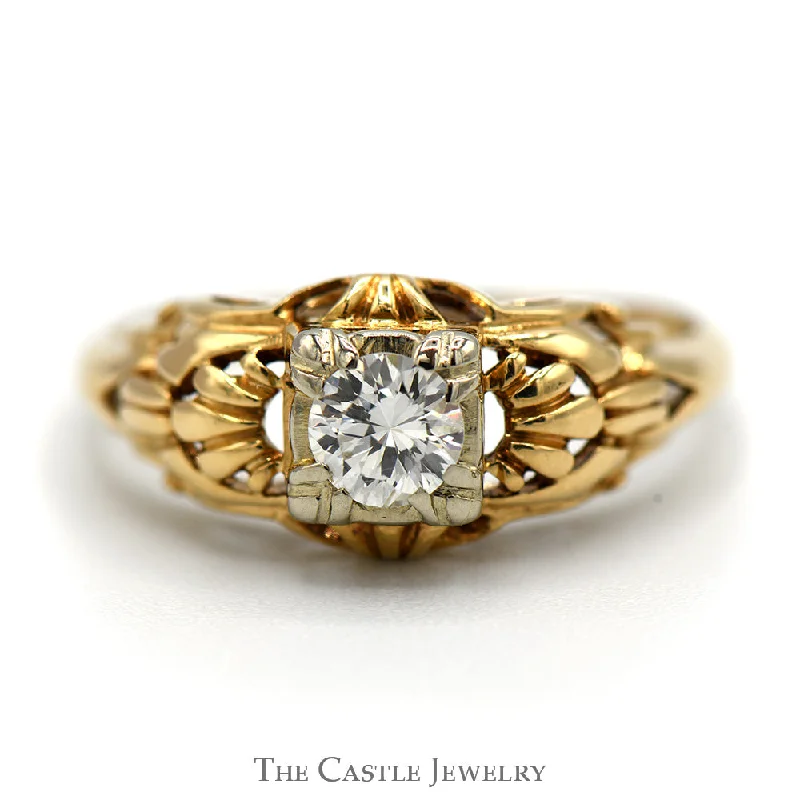 ladies rings two tone -.33ct Round Diamond Antique Style Ring in 14k Yellow Gold