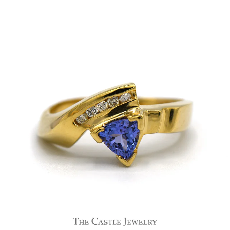 ladies rings with onyx -Trillion Cut Tanzanite Ring with Channel Set Diamond Accents in 14k Yellow Gold Bypass Mounting