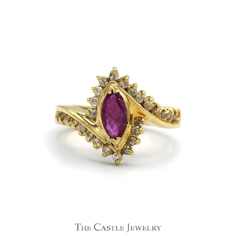 ladies rings for special occasion -Marquise Cut Ruby Ring with Diamond Accented Sides in 14k Yellow Gold Bypass Mounting