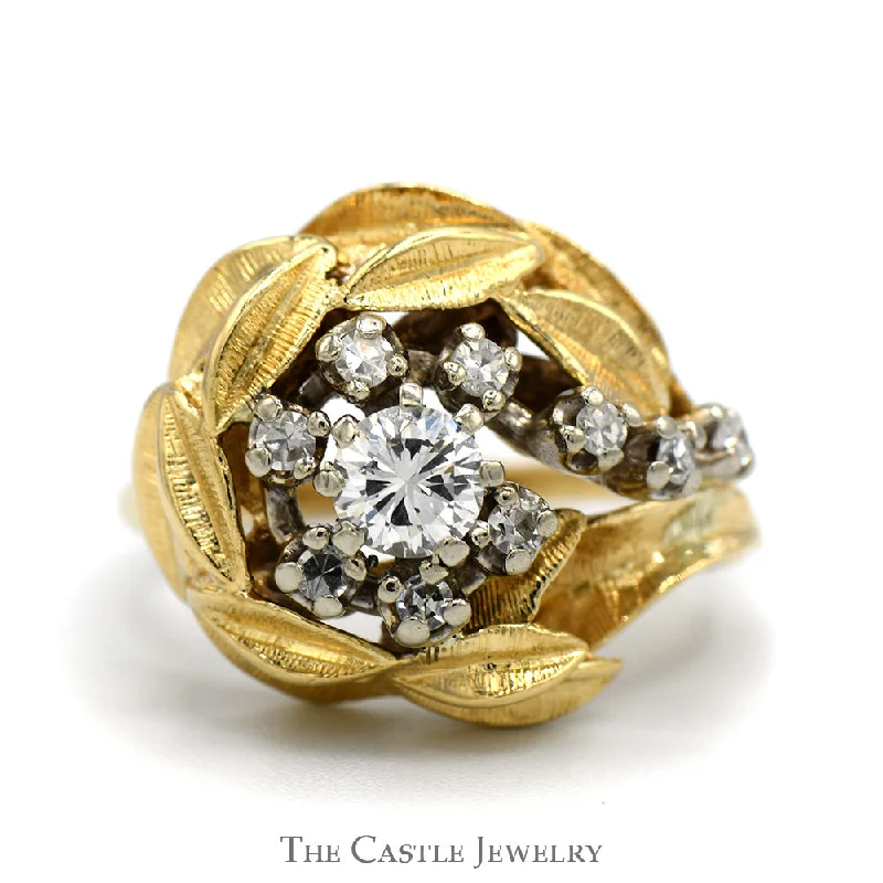 ladies rings floral pattern -1/2cttw Floral Inspired Cluster Ring with Leaf Designed Halo in 14k Yellow Gold